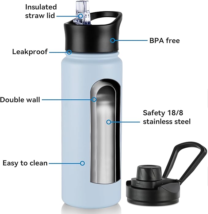 24oz Insulated Water Bottle with Straw Lid, Stainless Steel Metal Water Bottle with Straw & Wide Mouth Lid, Double Wall Vacuum Water Bottle for Hiking Camping, Light Blue 8 Pack