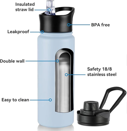 24oz Insulated Water Bottle with Straw Lid, Stainless Steel Metal Water Bottle with Straw & Wide Mouth Lid, Double Wall Vacuum Water Bottle for Hiking Camping, Light Blue 8 Pack