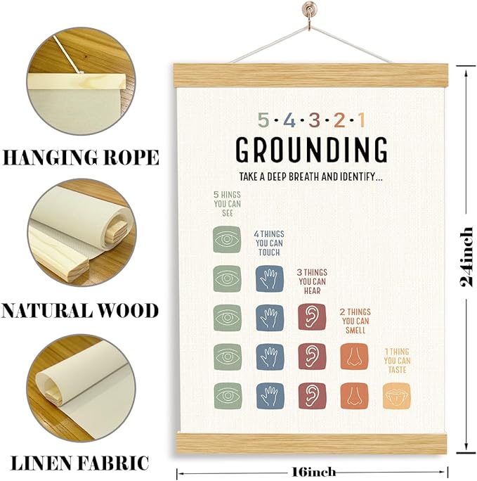 YGSDZY Grounding Technique Exercise Poster 54321, Wood Poster Hanger, Therapy Office Decor, School Psychology, Classroom Decor, Mental Health Posters, Therapy Wall Art Decoration