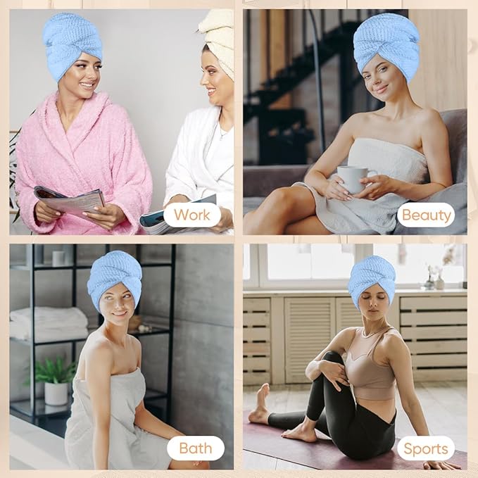 HOMEXCEL 5 Pack Microfiber Hair Towels - 40 x 20 inches Super Soft, Fast Drying Turbans for Long, Thick, Curly Hair - Anti Frizz Wrap with Elastic Strap, Blue/Pink/Grey