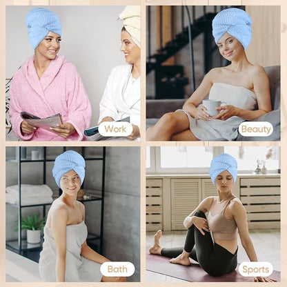 HOMEXCEL 5 Pack Microfiber Hair Towels - 40 x 20 inches Super Soft, Fast Drying Turbans for Long, Thick, Curly Hair - Anti Frizz Wrap with Elastic Strap, Blue/Pink/Grey