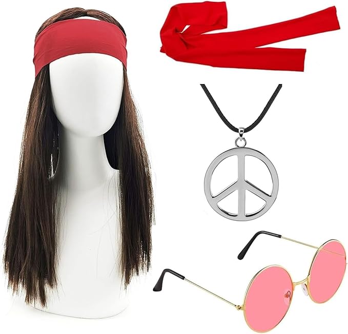 MOVINPE Hippie Accessories for Men - Hippie Wig Sunglasses Hippie Peace Necklace -Halloween Costume 70s Disco Style 60s Outfit 80s Fancy Dress 80s Night - Retro Men Women