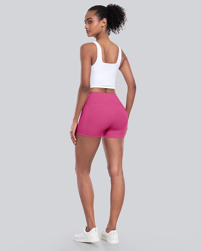 CHRLEISURE Womens Biker Yoga Shorts with Pockets: High Waisted Tummy Control Spandex Workout Athletic Gym Shorts 4 Packs