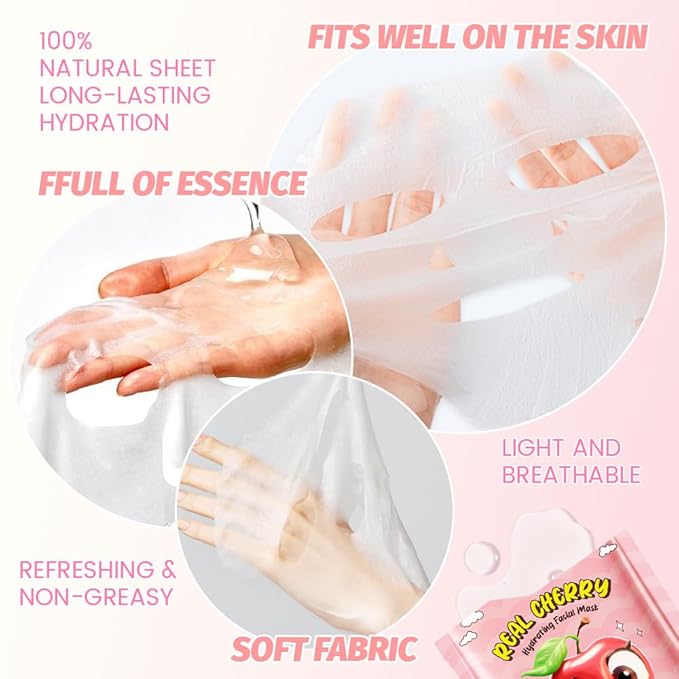 8 PCS Real Hydrating Nature Face Masks Skincare, Hyaluronic Acid, Vitamin C and E, Chamomile, Korean Beauty Essence Facial Paper Sheet Mask for Skin Care Moisturizing (Cherry)