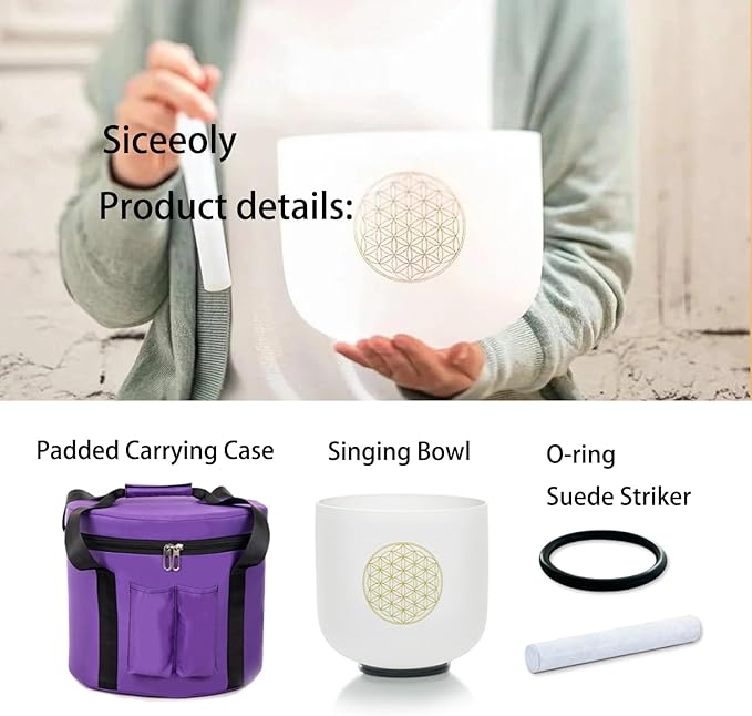 8" C Note 432HZ Flower of Life Crystal Singing Bowl Frosted Quartz Root Base Chakra Meditation Sound Healing with Durable Carrying Case Suede Striker O-ring