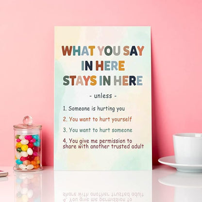 JANLAN What You Say in Here Stays in Here Poster,Mental Health Positive Canvas Wall Art Painting Ready to Hang for Therapist Social Worker Counseling Office Wall Décor (12 x 15 Inch)