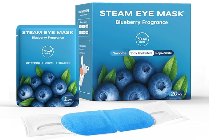 20 Packs Steam Eye Masks for Dry Eyes, Warm Compress Relief for Eye Fatigue & Puffiness, Sleep Heated Eye Mask, Disposable Travel Essentials, Spa Relaxation Gift Women, Party Favors Adults, Blueberry