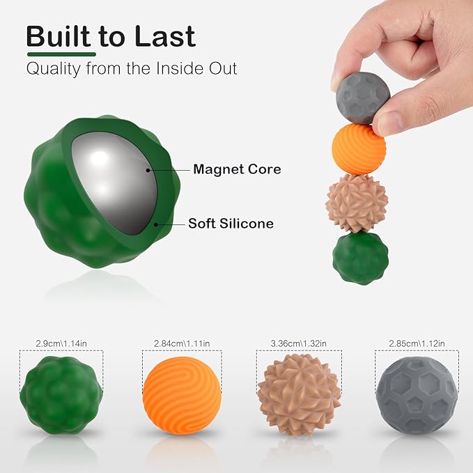 Fidget Toys Adults – 4PCS Magnetic Silicone Stress Balls for Anxiety, Focus & ADHD Relief, Textured Sensory Desk Gadgets, Stocking Stuffers or White Elephant Gifts for Men Women Teens