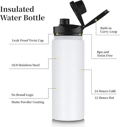 24 oz Insulated Water Bottle Bulk 4 Pack, Stainless Steel Sports Water Bottles with Straw Lid & Wide Mouth Lids, Double Walled Vacuum, Leak Proof, White
