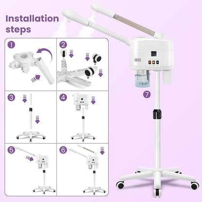 Professional Facial Steamer, 2 in 1 Facial Steamer for Cold Mist & Hot Mist & Timer Function, Stand Face Steamer Adjustable Height for Spa, Salon and at Home use