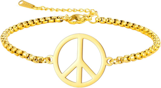 LIKGREAT Adjustable World Peace Symbol Bracelet for Women Stainless Steel Pendant Box Chain 1970s Jewelry