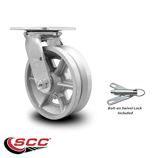 V Groove Semi Steel Cast Iron Swivel Top Plate Heavy Duty Caster with 6 Inch Wheel and Bolt on Swivel Lock – 1,200 lbs. Capacity/Caster - Service Caster Brand