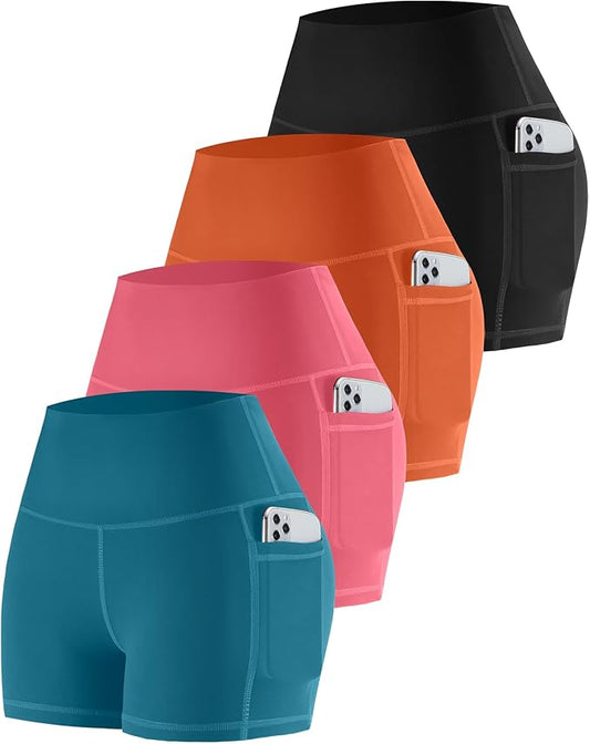CHRLEISURE Womens Biker Yoga Shorts with Pockets: High Waisted Tummy Control Spandex Workout Athletic Gym Shorts 4 Packs