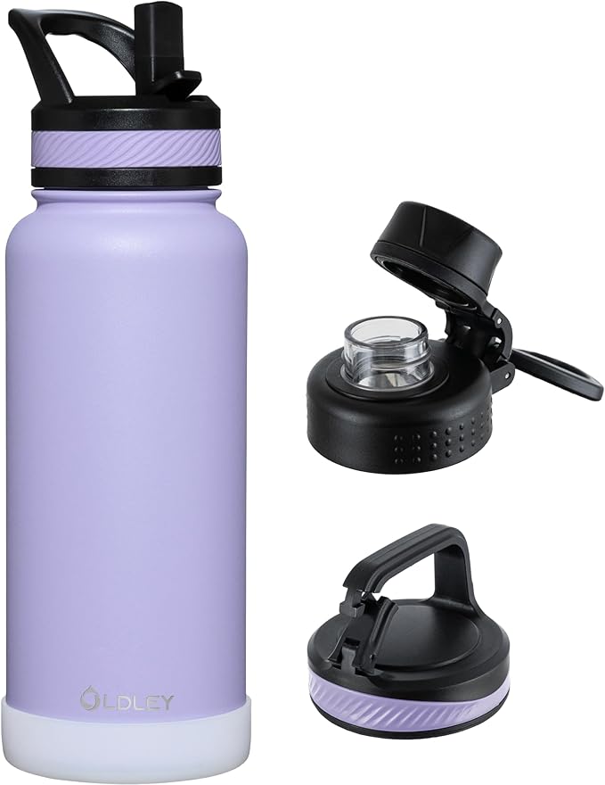 OLDLEY 32 oz Insulated Water Bottle With Straw, Stainless Steel Sports Water Cup Flask with 3 Lids(Straw, Spout and Handle Lid) Double Walled Travel Thermal Canteen Mug,Classic Lavender