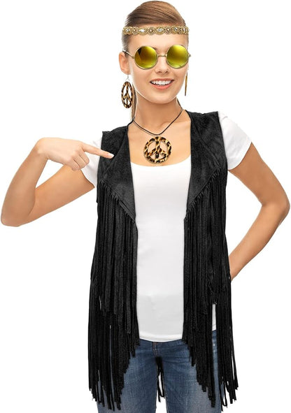 6 Pcs 60s 70s Outfits for Women Hippie Costume Set Peace Sign Earring Headband Fringe Vest Tassel Cardigan