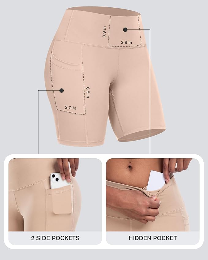 CHRLEISURE Womens Biker Yoga Shorts with Pockets: High Waisted Tummy Control Spandex Workout Athletic Gym Shorts 4 Packs