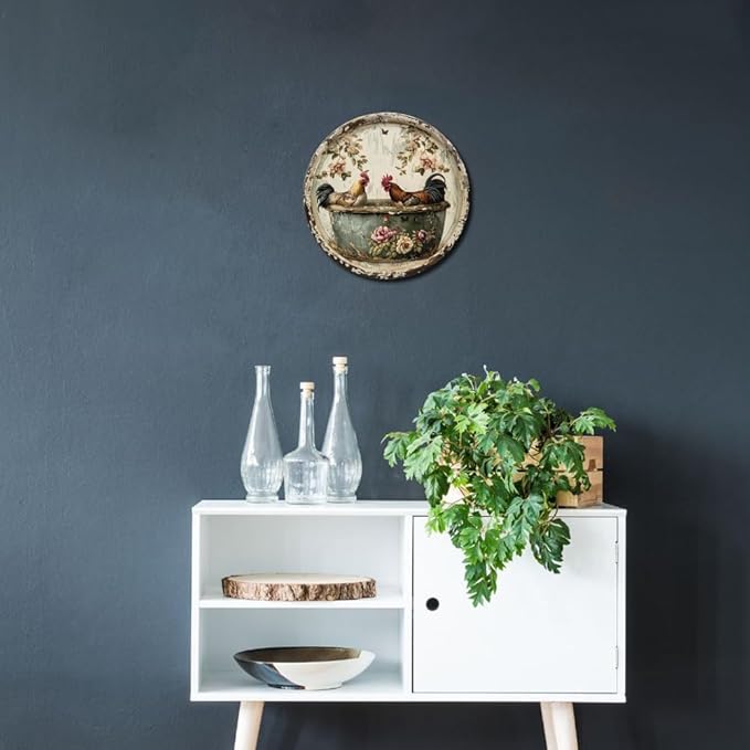 1pc Vintage Round Bathroom Aluminum Metal Decor Sign, 8x8 Inch, Chicken Themed Wreath, Use Without Electricity, No Feathers, with for Home, Living Room Wall Decoration