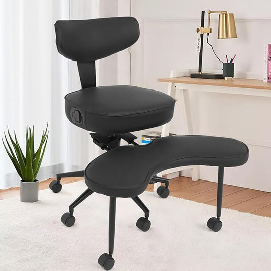 ELECWISH Meditation Chair, ADHD Chair for Adults with Wing Back Support, Criss Cross Kneeling Yoga Desk Office Use with Wheels, Height Adjustable seat and Leg Rest, Black