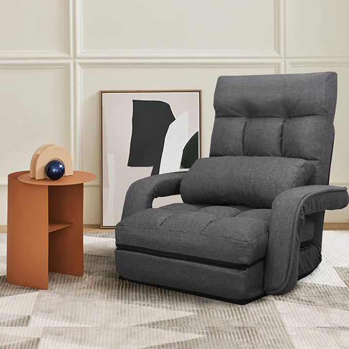 Adjustable Floor Gaming Chair for Adults, 6-Position Chaise Lounge Chair with Meditation Arm, Foldable Lazy Sofa with Pillow, Comfy Chair Indoor for Bedroom Dorm Living Room, Charcoal