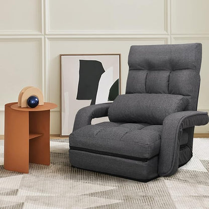 Adjustable Floor Gaming Chair for Adults, 6-Position Chaise Lounge Chair with Meditation Arm, Foldable Lazy Sofa with Pillow, Comfy Chair Indoor for Bedroom Dorm Living Room, Charcoal