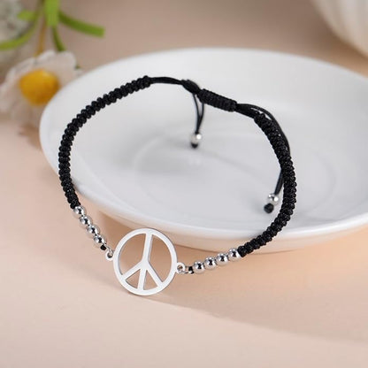 LIKGREAT Peace Adjustable Beaded Bracelet Peace Sign Symbol Pendant Handmade Braided Wax Cords Bracelet for Women
