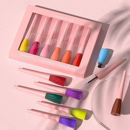 evpct 6Pcs Yellow Red Pink Tomato OrangeRed Brown Liquid Eyeliner Set Waterproof Eye Liners for Women, Eyes Wing Colored Eyeliner delineador de ojos a prueba de agua contra el agua blanco para ojos