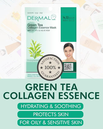 DERMAL Green Tea Collagen Essence Facial Mask Sheet 23g Pack of 10 - Hydrating and Soothing for Sensitive Oily Skin, Revitalize Dull Skin, Daily Skin Treatment Solution Sheet Mask