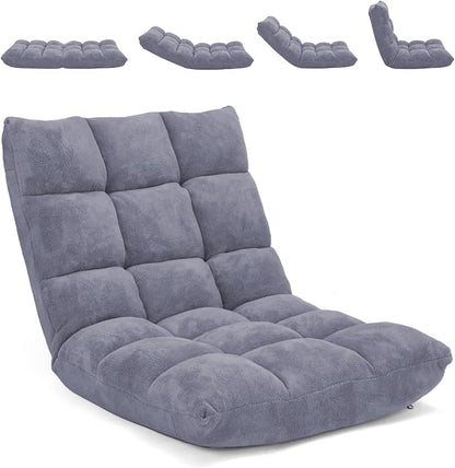 Moccha 14-Position Floor Chair, Folding Sofa Chair with Back Support, Memory Foam Floor Gaming Chairs for Adults, Adjustable Padded Couch Recliner Sleeper Bed for Reading, Meditating, Gray