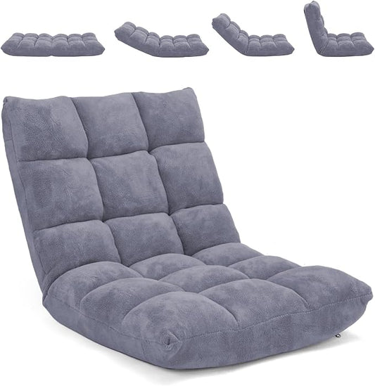 Moccha 14-Position Floor Chair, Folding Sofa Chair with Back Support, Memory Foam Floor Gaming Chairs for Adults, Adjustable Padded Couch Recliner Sleeper Bed for Reading, Meditating, Gray