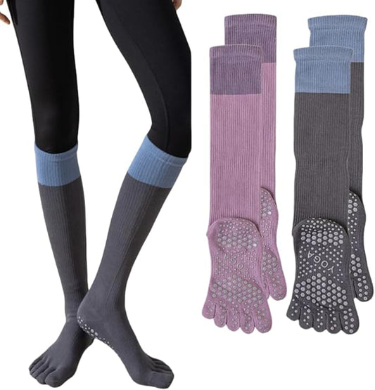 2 Pairs Anti-Slip Toe Socks No Show for Women, Warm Athletic Socks for Yoga, Fitness, Mid-Calf Compression Socks