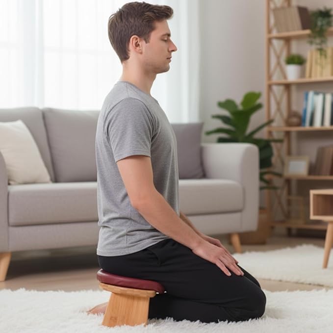 Meditation Bench with Leather Cushion, Folding Bamboo Kneeling Stool with Locking Magnetic Hinges for The Perfect Posture Seiza Bench for Yoga, Travel, Pray, Zen Practice Stool
