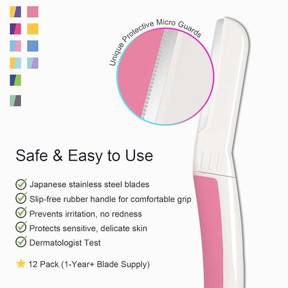 Face Razors for Women, Dermaplane Razor for Women Face, Eyebrow Razor, Dermaplaning Tool, Skin Safe Microblades, Peach Fuzz Remover (12ct, Pearl Blush)