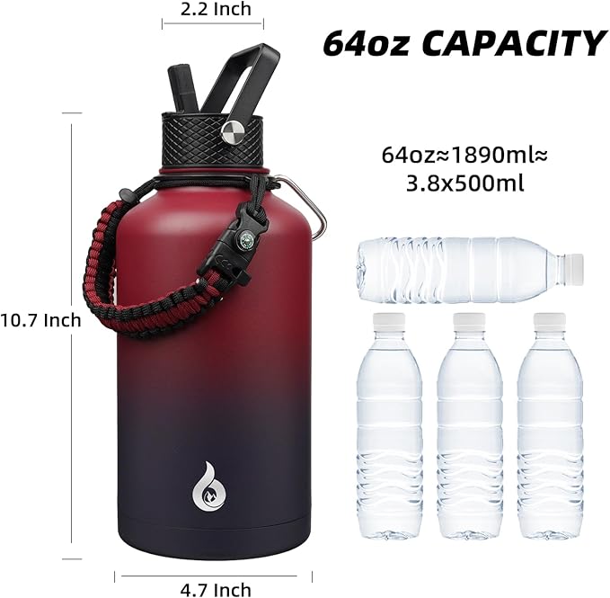 BJPKPK Half Gallon Insulated Water Bottles with 3 Lids and Paracord Handle, 50oz, 64oz, 87oz, 128oz Large, Stainless Steel Water Bottles with Straw Lid, Half Gallon Water Jug,Charming Red