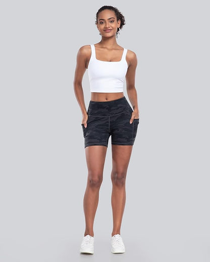 CHRLEISURE Womens Biker Yoga Shorts with Pockets: High Waisted Tummy Control Spandex Workout Athletic Gym Shorts 4 Packs