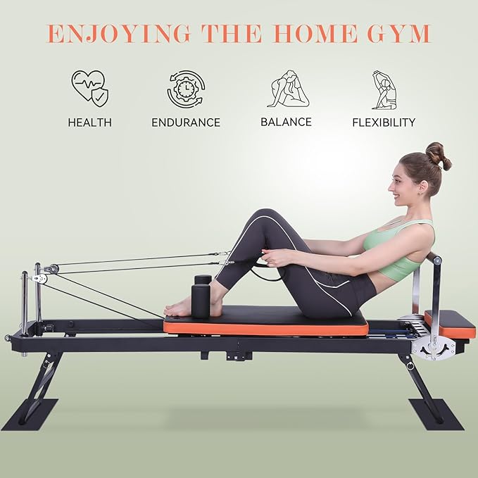 Pilates Reformer,Foldable Pilates Machine for Home Use and Gym Workout,Suitable for Advanced and Beginners Users ,Pilates Equipment with 4 Springs&5 Resistance Cords