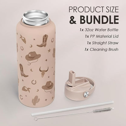 Western Cowgirl Water Bottle 32oz Stainless Steel with Lid, Insulated Bottles for Women Girls, Gift Idea for Birthday Christmas