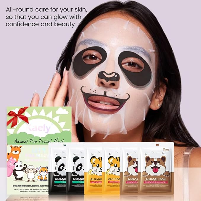 Kaely 6 Pack Kids Face Mask Spa, Animal Face Masks for Kids Teens Women Skincare, Animal Character Sheet Facial Mask for All Skin Types, Girls Night Party Skin Care Set, Birthday Christmas Gifts, 01