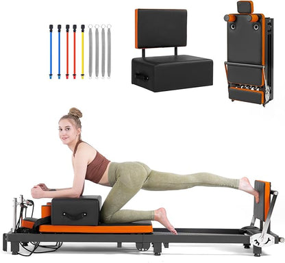 Pilates Reformer,Foldable Pilates Machine for Home Use and Gym Workout,Suitable for Advanced and Beginners Users ,Pilates Equipment with 4 Springs&5 Resistance Cords