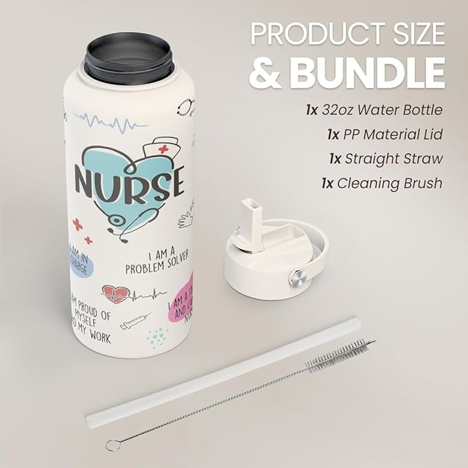 Nurse Water Bottle 32oz Stainless Steel Insulated with Lid, Nurse Gifts for Female Nurses, Medical Staff Inspiration Gifts for Nursing Students, Graduation Christmas Birthday Nurse Week