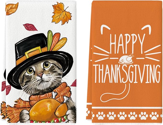 Artoid Mode Cat Turkey Happy Thanksgiving Kitchen Towels Dish Towels, 18x26 Inch Fall Leaves Decoration Hand Towels Set of 2