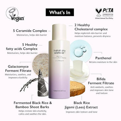 haruharu Wonder Black Rice Probiotics Barrier Essence 1.01 fl. oz., Travel Size Essence Toner to Strengthen Skin Barrier with Ceramides, Soothing, Moisturizing, Plumping, Korean Skincare