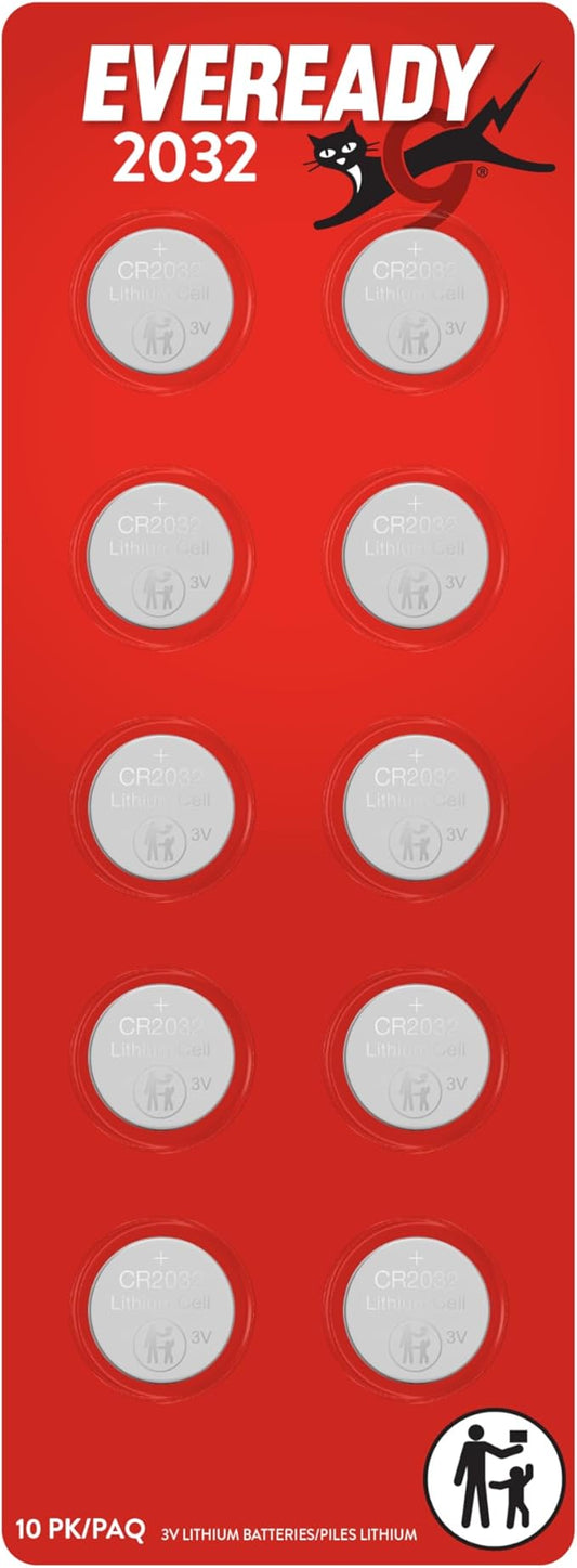 Eveready CR2032 Lithium 3V Coin Battery 10 Pack, Batteries for Watches, AirTags, Key Fobs, Small Electronics