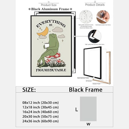 Everything is Figureoutable Motivational Canvas Wall Art Print Frog with Coffee Quote Inspirational Art Poster Mental Health Home Office Affirmation Wall Decor Minimalist Picture 8x12inch black framed