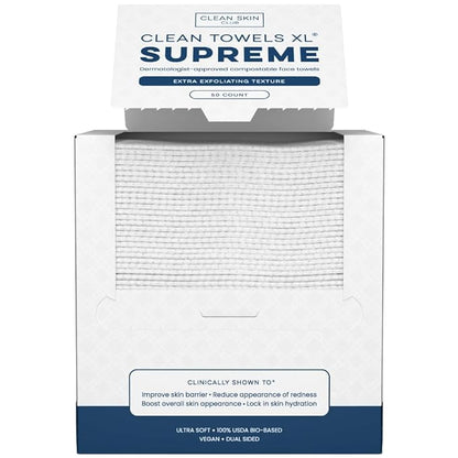 Clean Skin Club Clean Towels XL® Supreme, 100% USDA Biobased Face Towel, Disposable Face Towelette, Eczema Association Accepted, Makeup Remover Dry Wipes, Ultra Soft, 1 Pack, 50 Ct