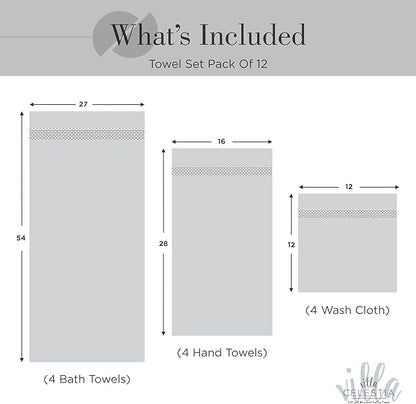 100% Cotton Bath Towel Set of 12-4 Bath Towels, 4 Hand Towels, 4 Wash Cloths, Sustainable, Soft, Highly Absorbent, Combed Cotton 12 Piece Set for Hotels, Spa, Bathroom, Dorm, Black