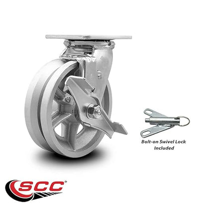 V Groove Semi Steel Cast Iron Swivel Top Plate Heavy Duty Caster with 6 Inch Wheel and Top Lock Brake and Bolt on Swivel Lock – 1,200 lbs. Capacity/Caster - Service Caster Brand
