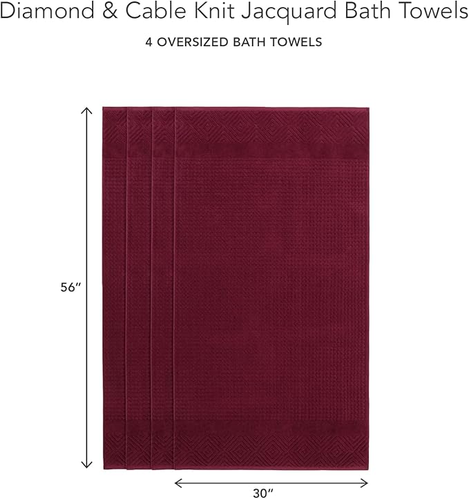 Texere 100% Organic Cotton Jacquard Towel Sets (Diamond, Merlot, 4 Bath Towels)