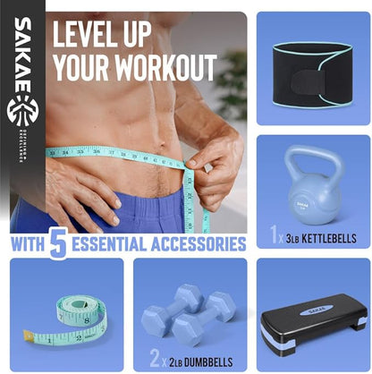 SAKAE Adjustable Aerobic Stepper Kit with Dumbbells & Kettlebell & Weightlifting Belt & Measuring Tape, 2 Level Risers Exercise Step Platform for Home Gym Exercise Fitness Workout, Multiple Colors