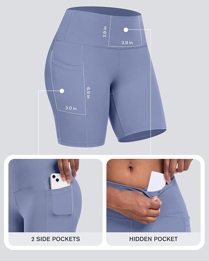 CHRLEISURE Womens Biker Yoga Shorts with Pockets: High Waisted Tummy Control Spandex Workout Athletic Gym Shorts 4 Packs