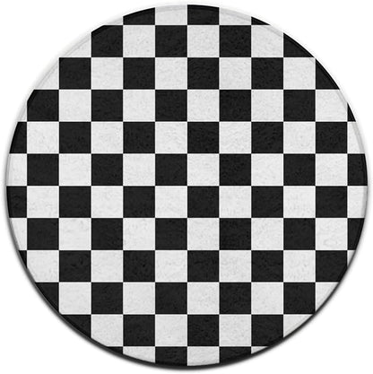 Soft Round Yoga Carpet, Large Home Decor Mat, Non-Slip Machine Washable Kitchen Office Circle Rug Compatible with Race Checkerboard Checkered Black and White